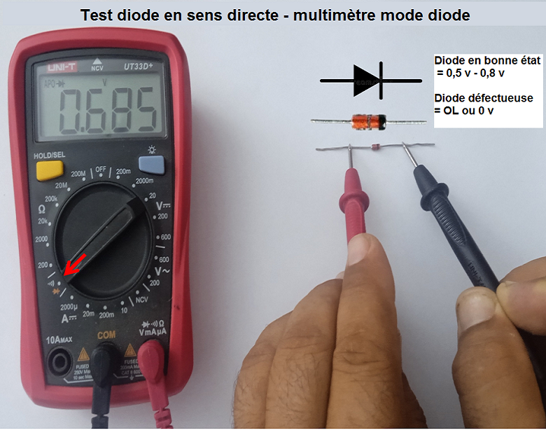Test Diode en sens directe avec multimètre en mode diode