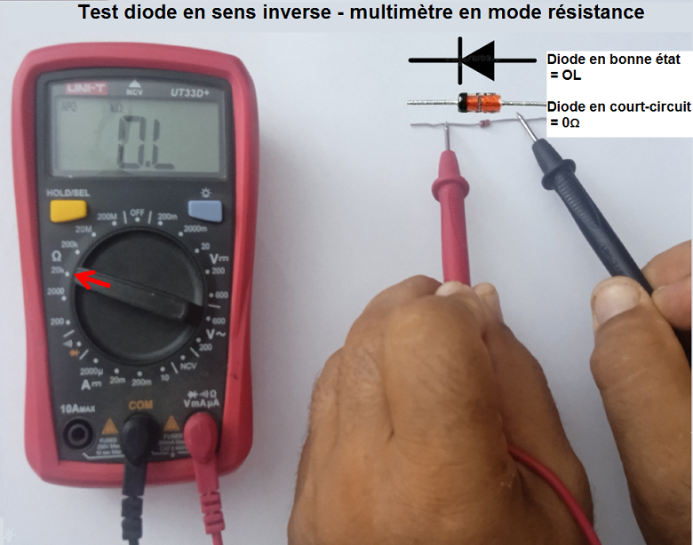 Teste Diode en sens inverse avec multimètre en mode résistance